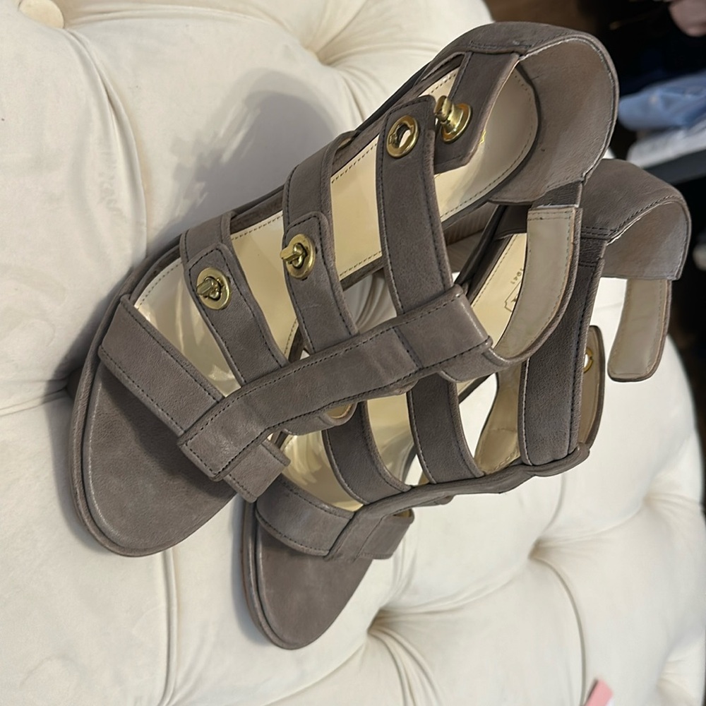 Stunning Coach Gladiator Heels- Elephant Grey Leather with gold detail.